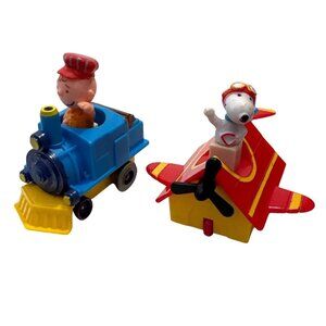 Vintage UFS Peanut Gang Push Down Toys Charlie Brown Train & Snoppy Plane